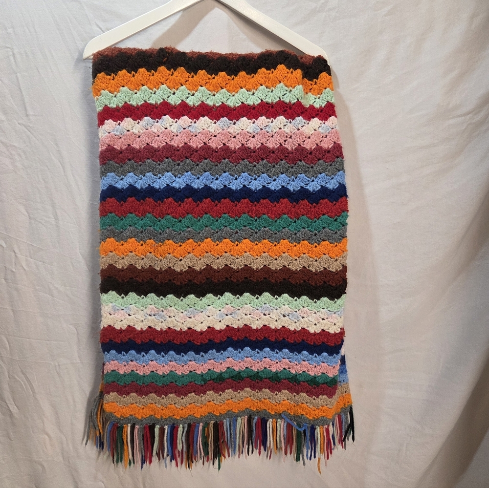 Vintage Handmade Granny Crochet Multicolour Striped Lap Blanket With Fringe - Picture 2 of 4